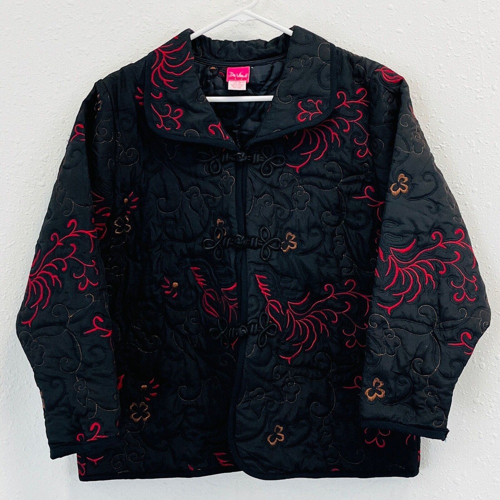 Womens M Du Jour Quilted Jacket Black Floral Embroidery Blazer Frog Fastener‎